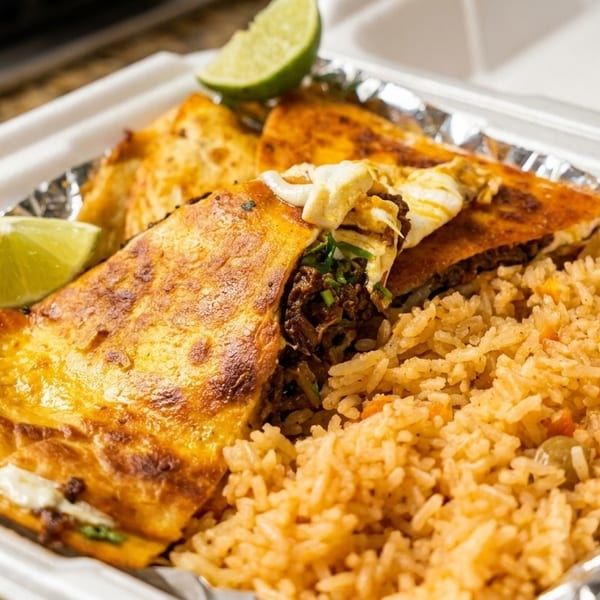 Three cheesy birria quesadillas with rice and lime wedges in a white takeout container.