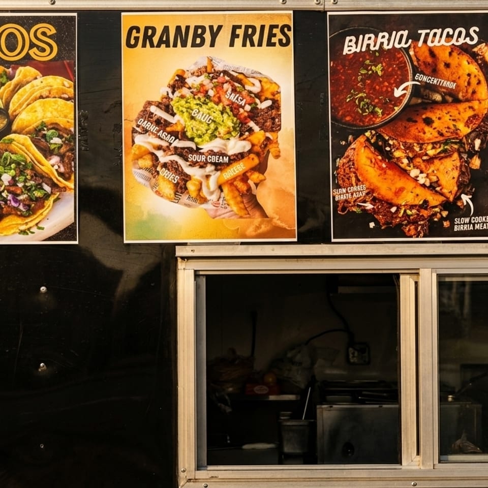 Food truck menu posters display tacos, Granby fries, and birria tacos above a service window.