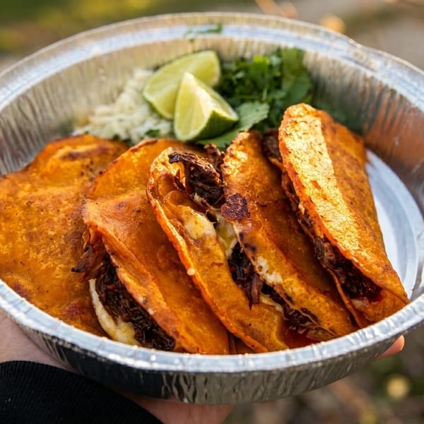 Hand holding a foil container of birria tacos with lime wedges, cilantro, and rice.