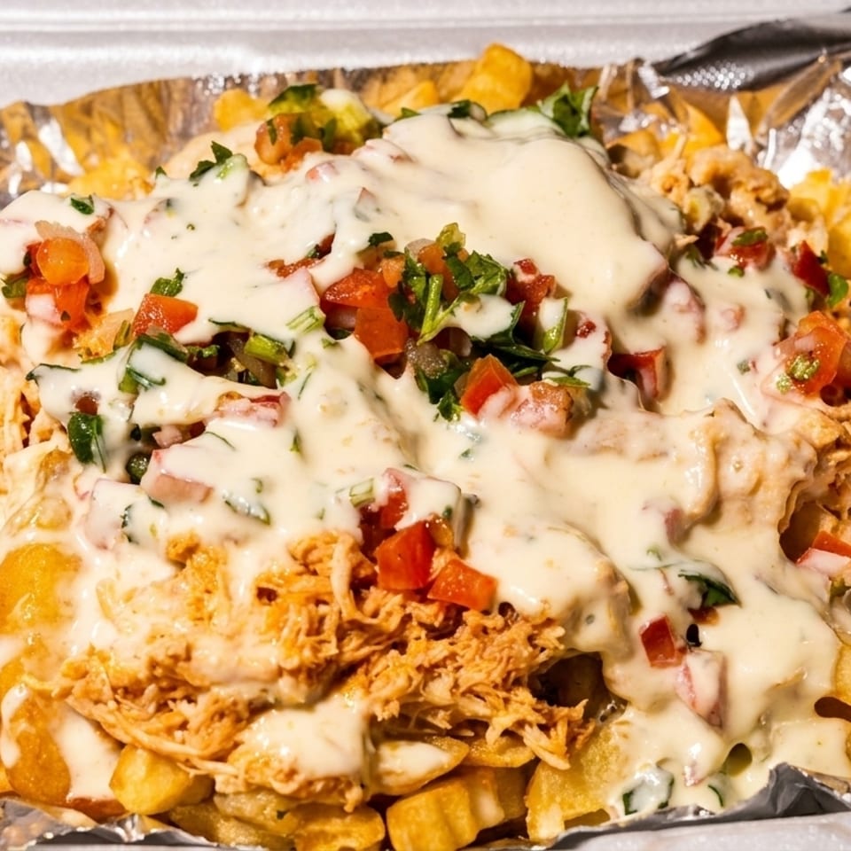 Loaded fries with shredded chicken, melted cheese, and pico de gallo in a takeout container.